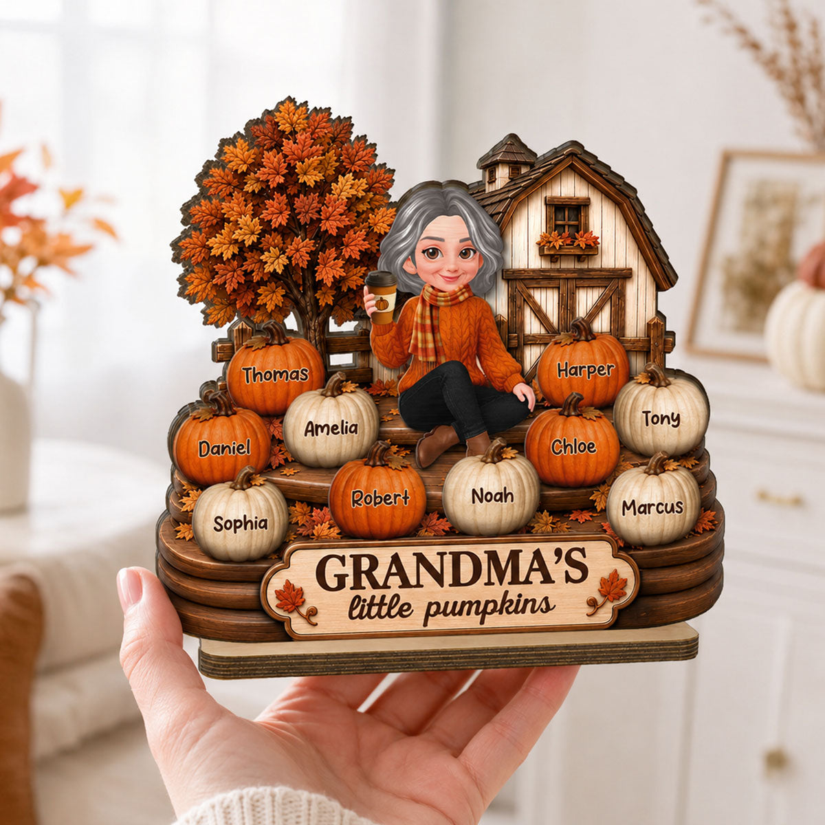Fall Season Cozy Warm Farmhouse Style Grandma's Little Pumpkins - Personalized 2-Layered Wooden Plaque - Fall Decor For Grandma