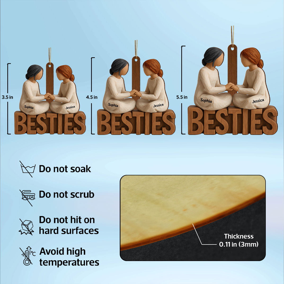 3D Effect Besties Forever Together - Personalized Wooden Ornament - Gift For Best Friends