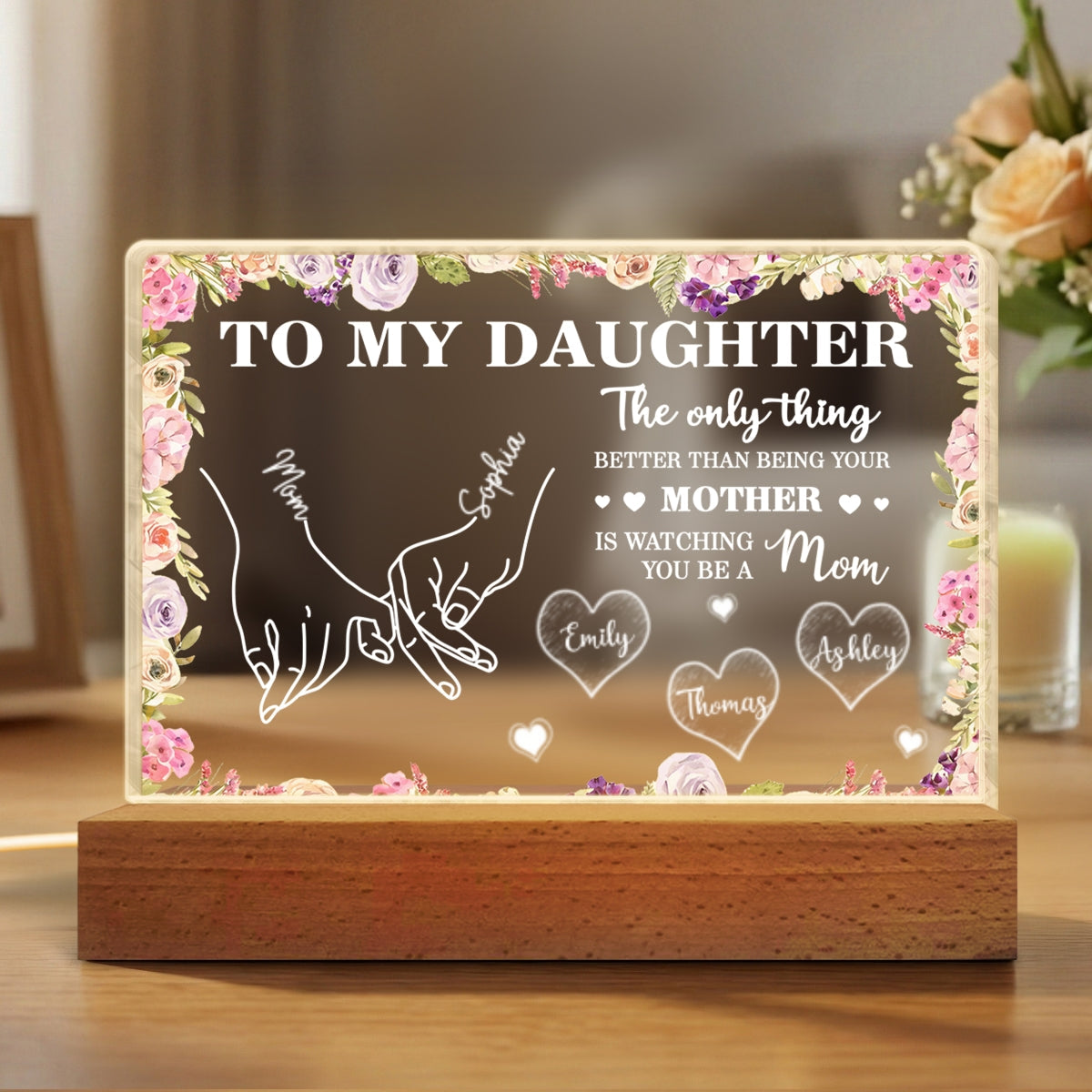 To My Daughter Mom And Daughter Holding Hands Custom Kids Names - Personalized Acrylic Block LED Night Light - Mother's Day Gift For Daughter