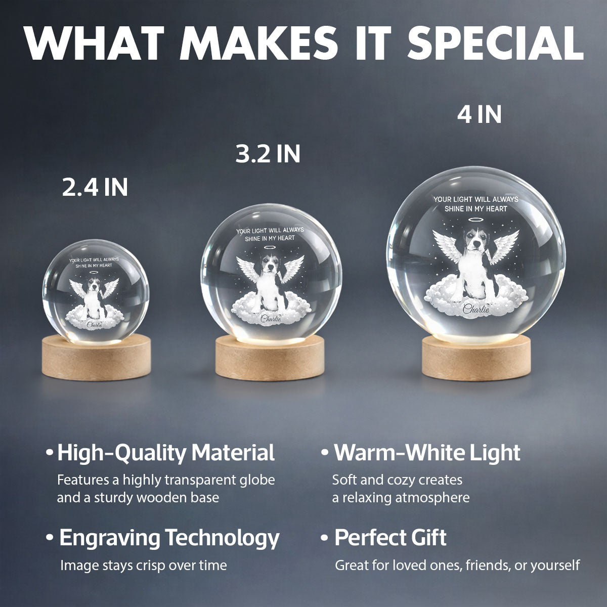 Your Light Will Always Shine in My Heart Pet Memorial - Personalized Crystal Ball LED Night Light - Heartfelt Remembrance Keepsake