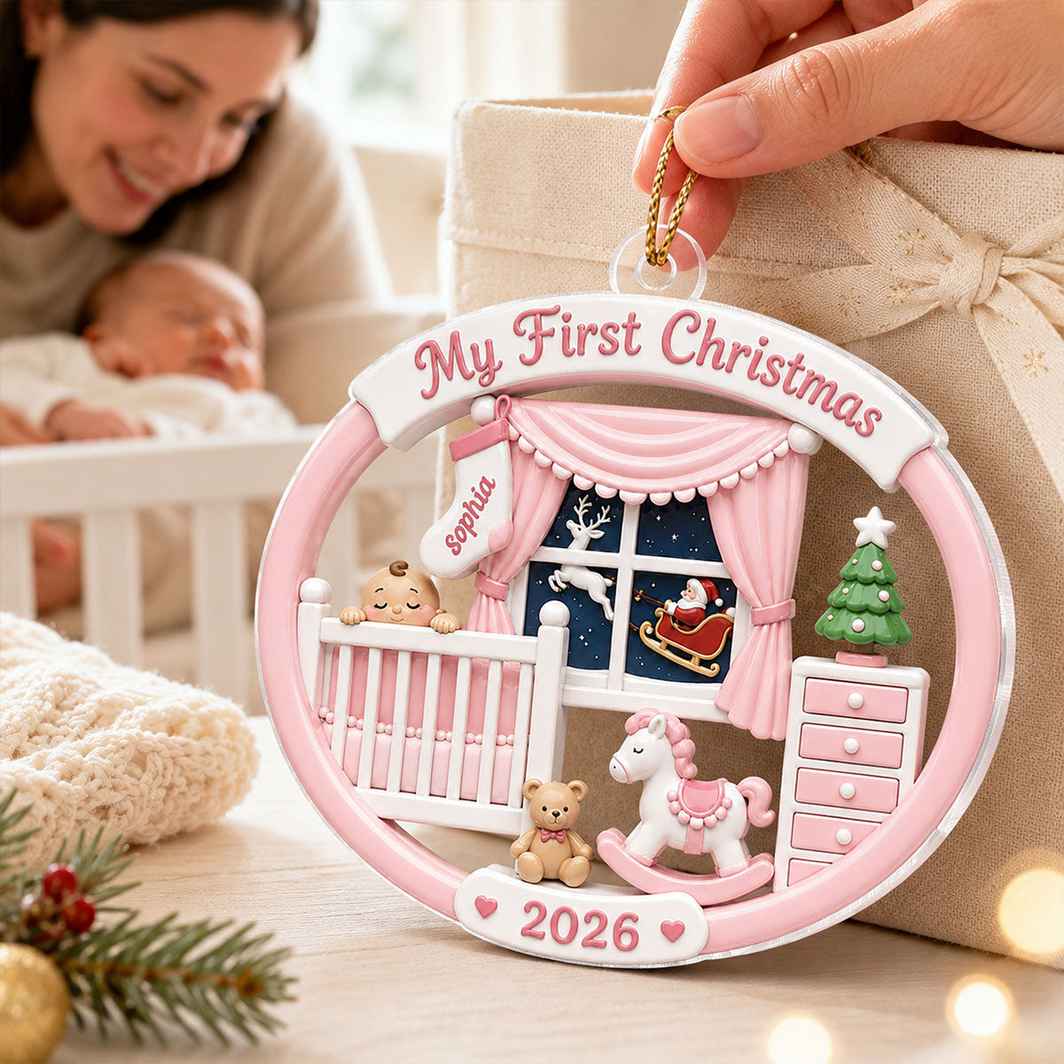 Light Pink Blue Baby's 1st Christmas 2026 - Personalized Acrylic Ornament - Unique Christmas Gift For New Parent, Newborn Keepsake
