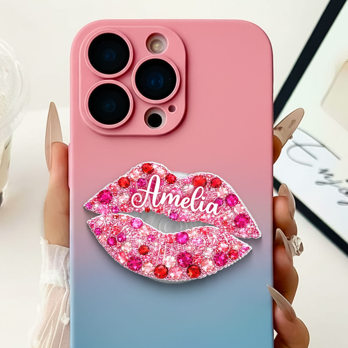 3D Effect Kiss Valentine - Personalized Acrylic Magnetic Phone Grip - Anniversary, Valentine's Day Gift, Gift For Her