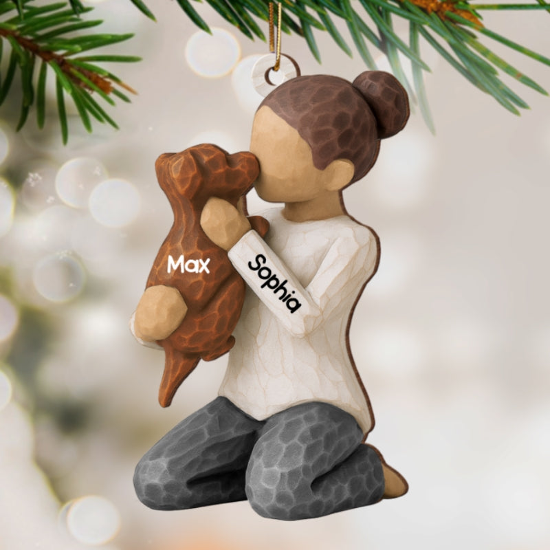 3D Effect Boy Girl Hugging Dog - Personalized Wooden Ornament - Christmas Gift For Dog Lovers