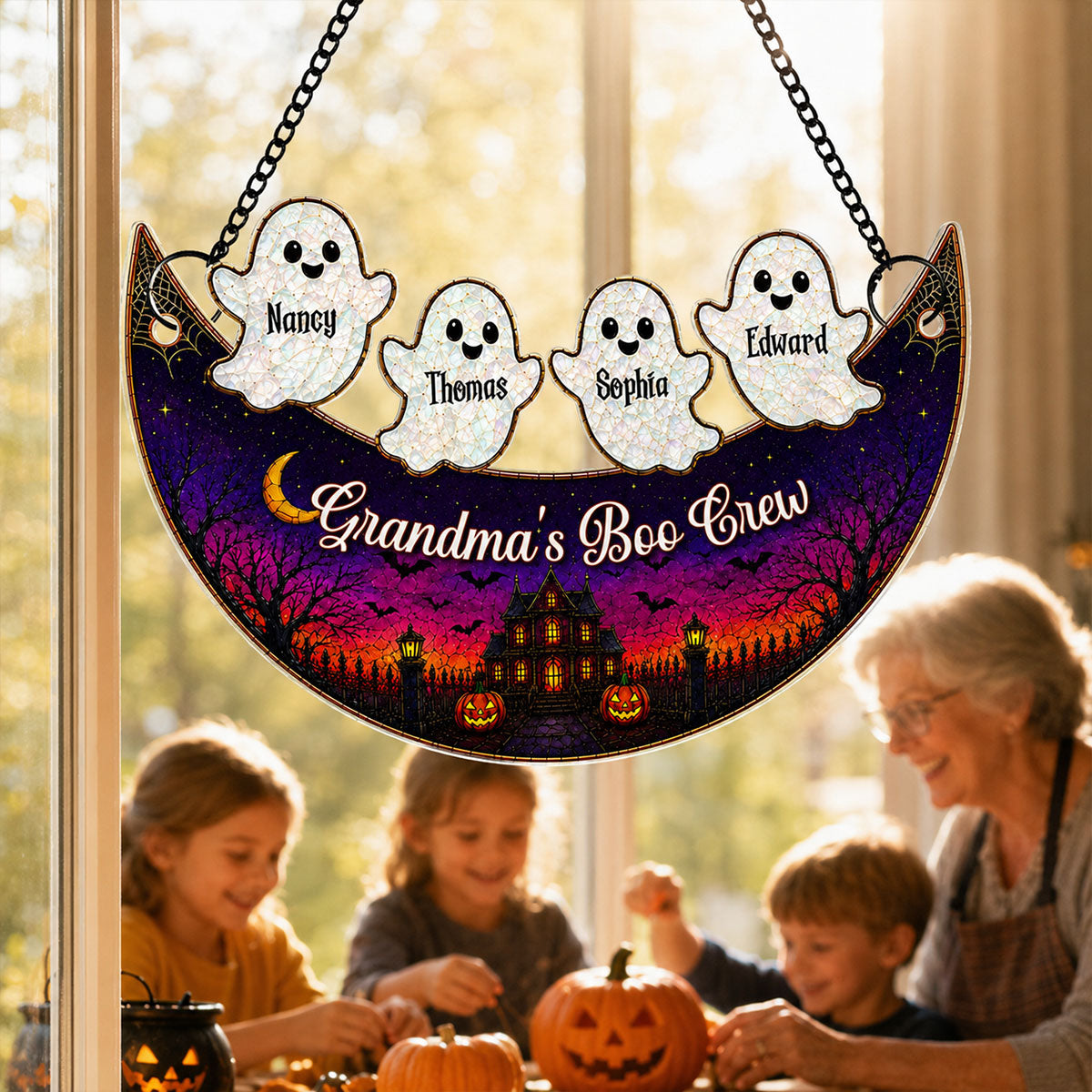 Grandma Boo Crew On Moon - Personalized Acrylic Window Hanging Decor - Halloween Decoration