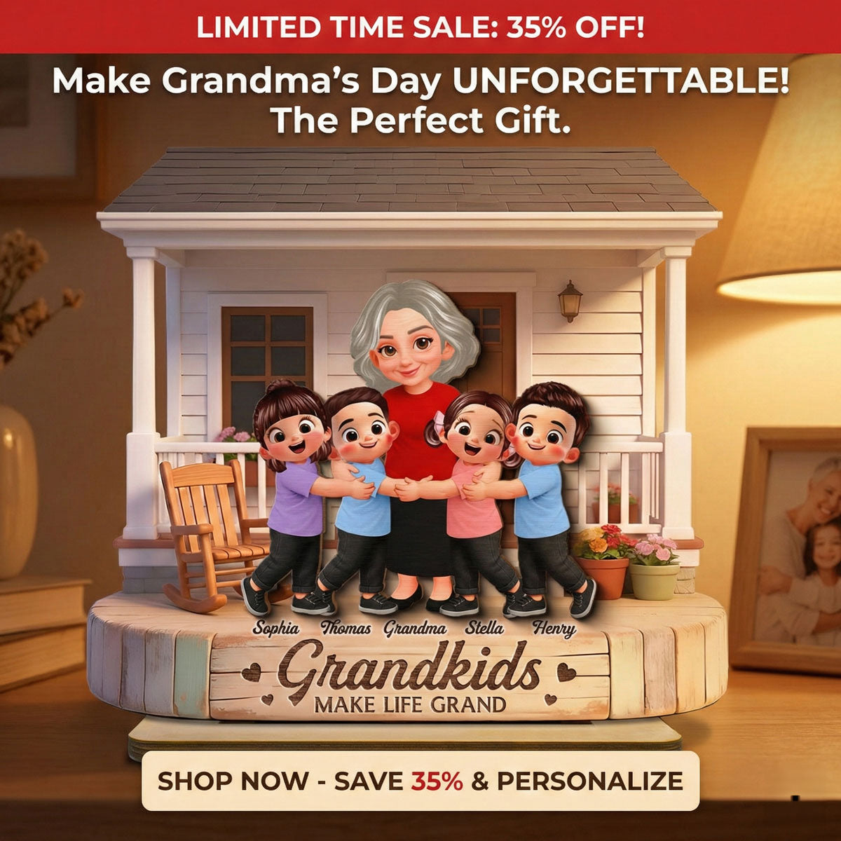 Grandma And Grandkids Happy Together At Front Porch - Personalized 2-Layered Wooden Plaque - Gift For Grandma