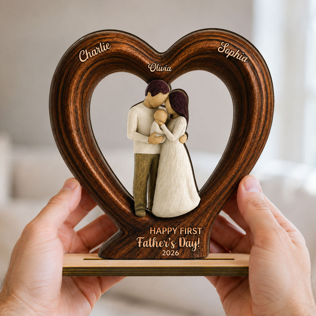 Happy First Dad From Mom And Baby 2D Flat Heart - Personalized 2-Layered Wooden Plaque - Heartfelt Gift For Husband, New Dad
