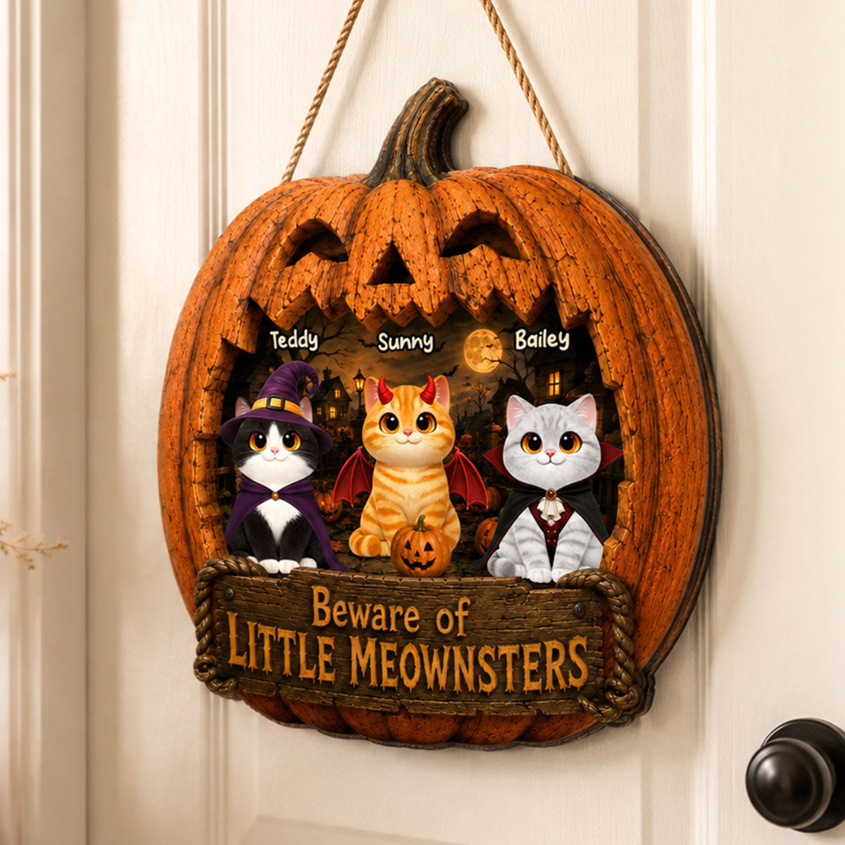Spooky Halloween Pumpkin Cats - Personalized Wood Sign - Halloween Decor For Cat Lovers