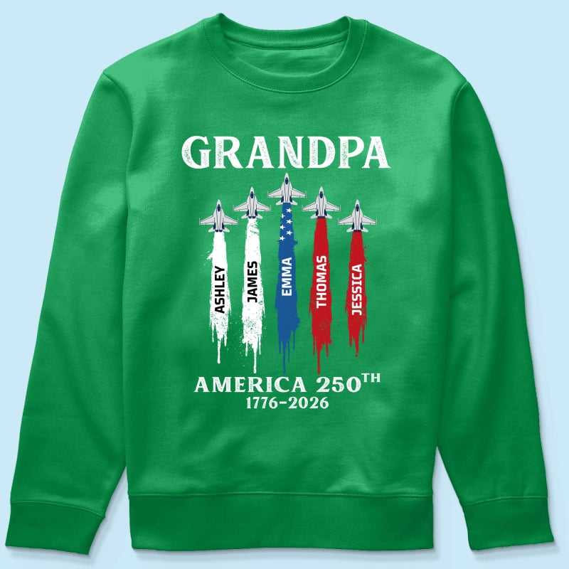 Grandpa Dad Patriotic Jet Fighter Custom Kids Names - Personalized Shirt - Father's Day Gift, America 250th Anniversary, 1776 - 2026