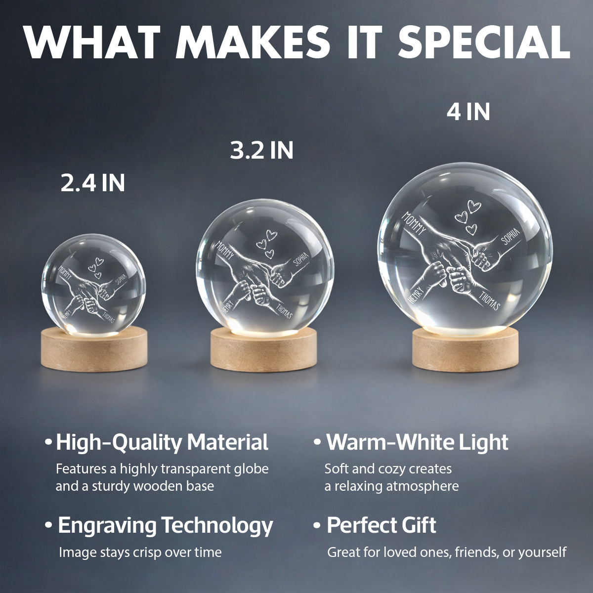 Kids Holding Mom's Hand - Personalized Crystal Ball LED Night Light - Heartfelt Mother's Day Gift for Mom, Wife