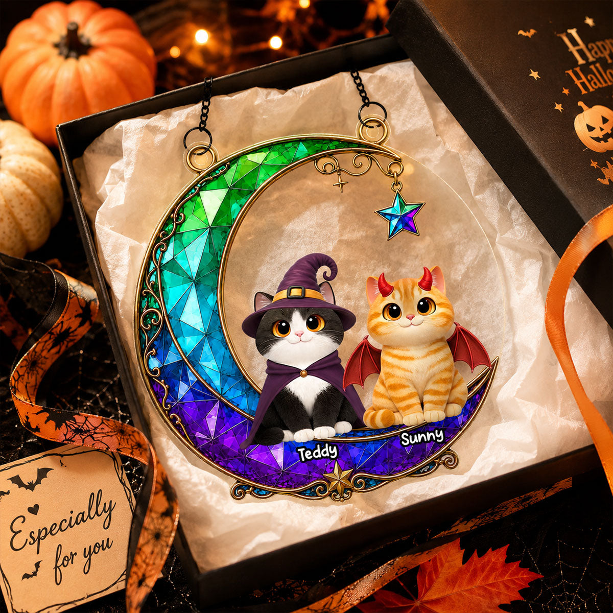Magical Cat Moonlight - Personalized Acrylic Window Hanging - Halloween Decoration For Cat Mom
