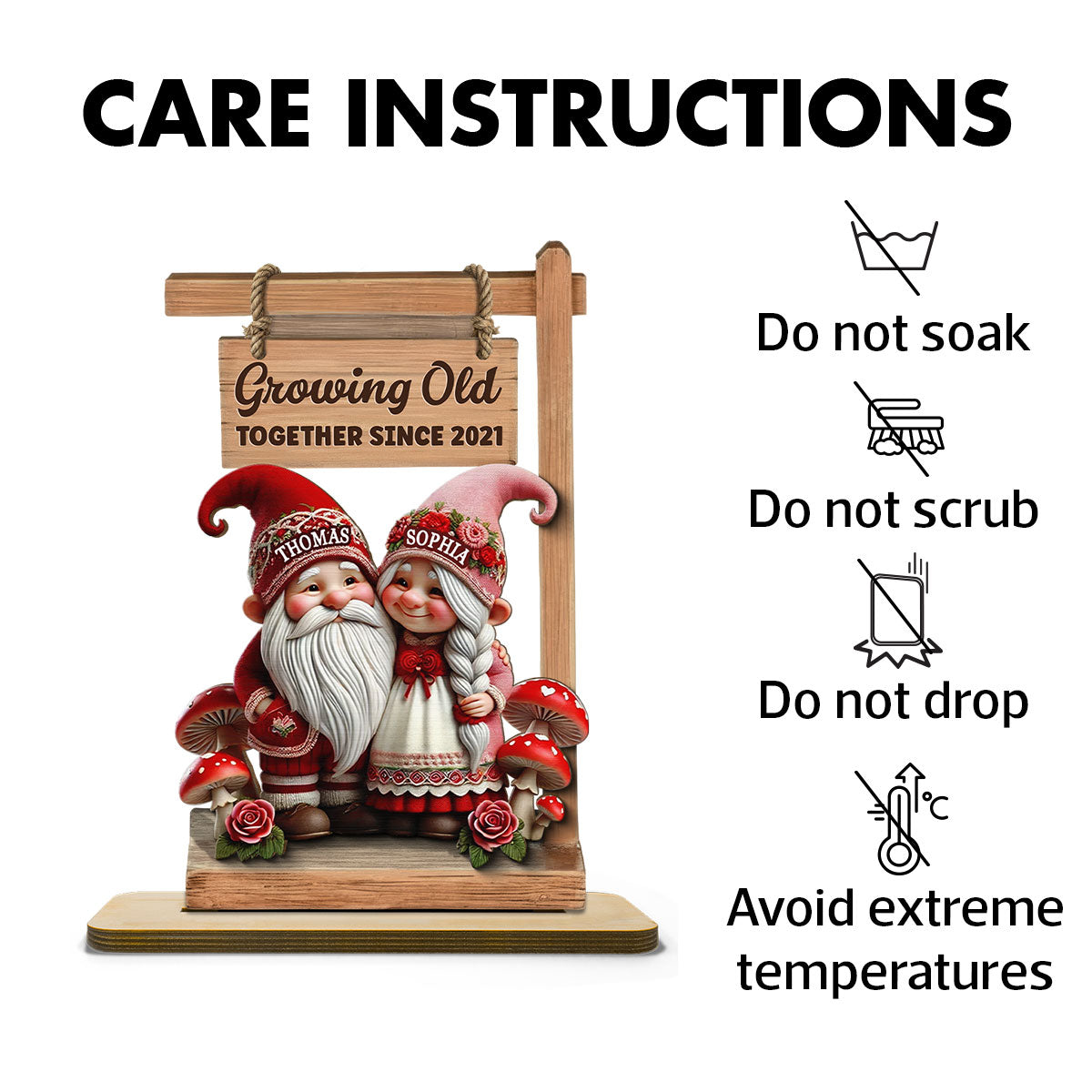 3D Effect Valentine Theme Gnome Couple Standing - Personalized 2-Layer Wooden Plaque - Gift For Him, Gift For Her