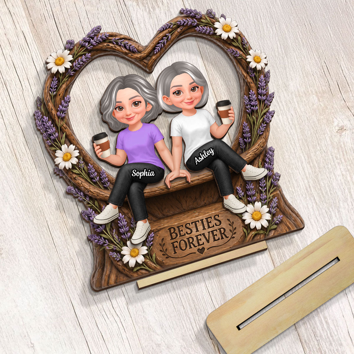 Lavender Flowers Besties Forever - Personalized 2-Layered Wooden Plaque - Birthday Gift, Gift For Best Friends