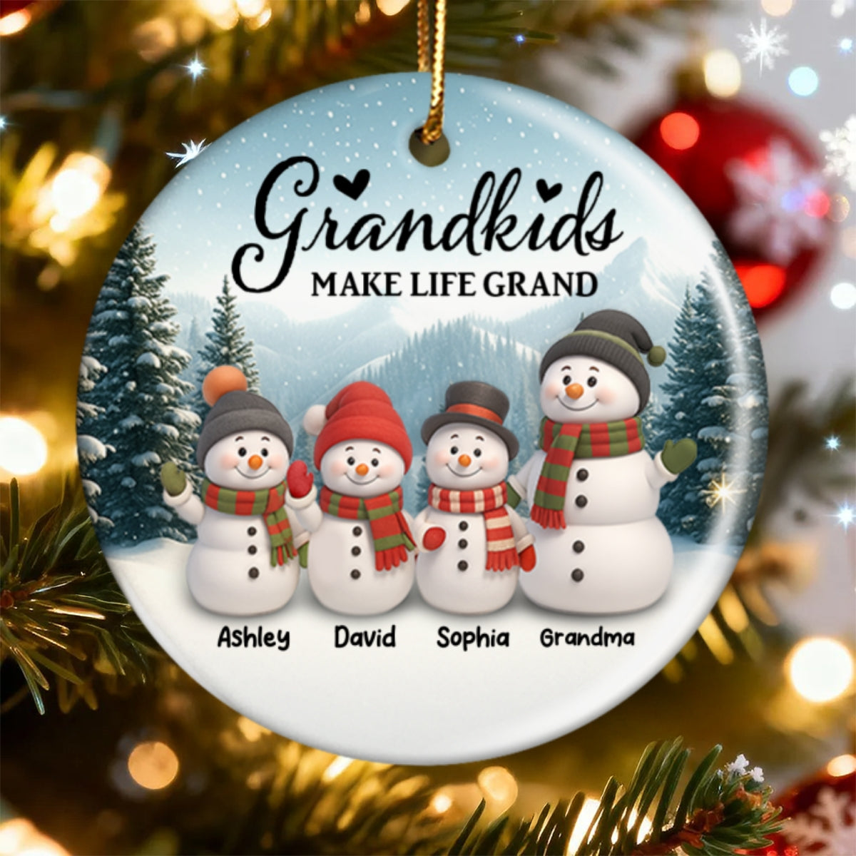 Grandma Grandkids Snowman - Personalized Ceramic Ornament with Acrylic - Unique Christmas Gift for Grandma