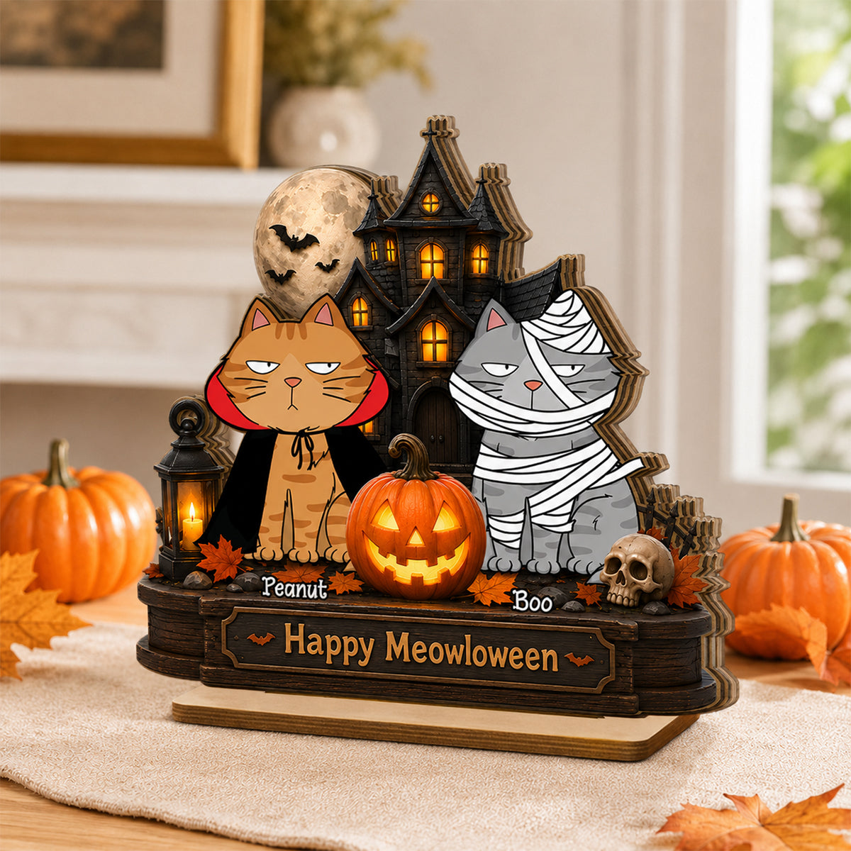 Happy Meowloween Cats - Personalized 2-Layered Wooden Plaque - Halloween Spooky Decor for Cat Lovers