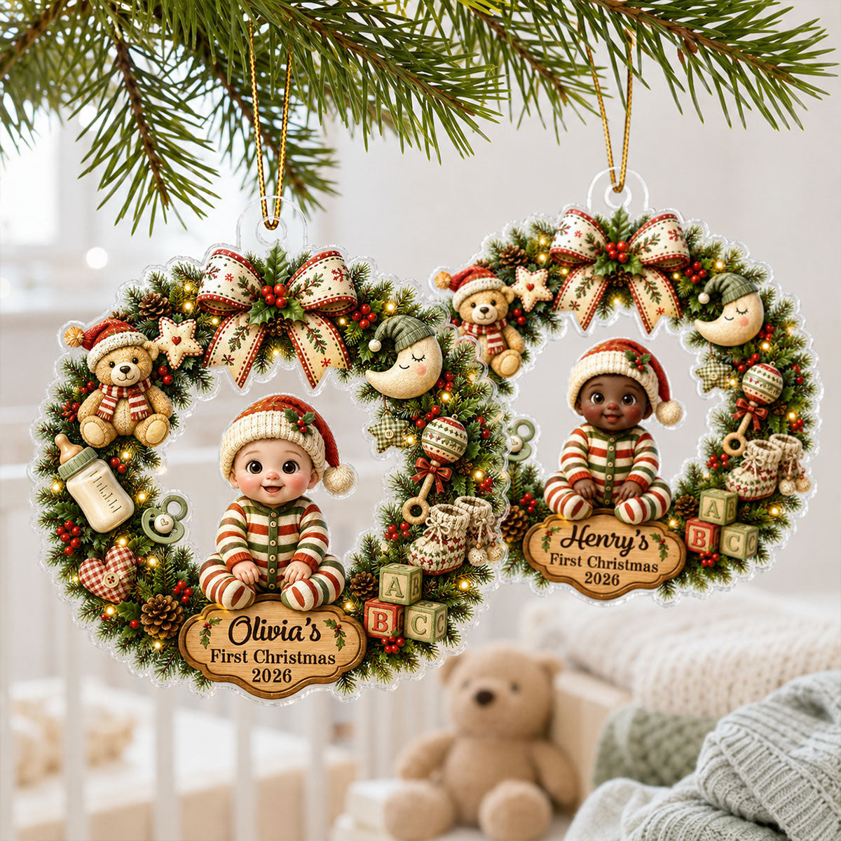 Trending Cute Cartoon Baby's First Christmas - Personalized Acrylic Ornament - Christmas Gift For Boys, Girls, New Born