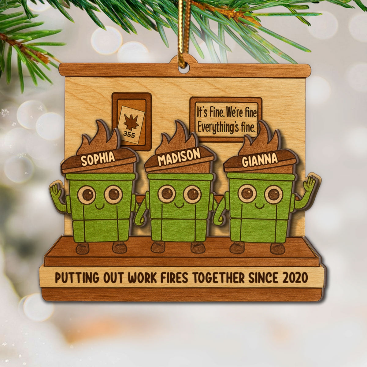 Dumpster Fires In Office Scene - Personalized Wooden Ornament - Funny Gift For Colleagues, Work Besties