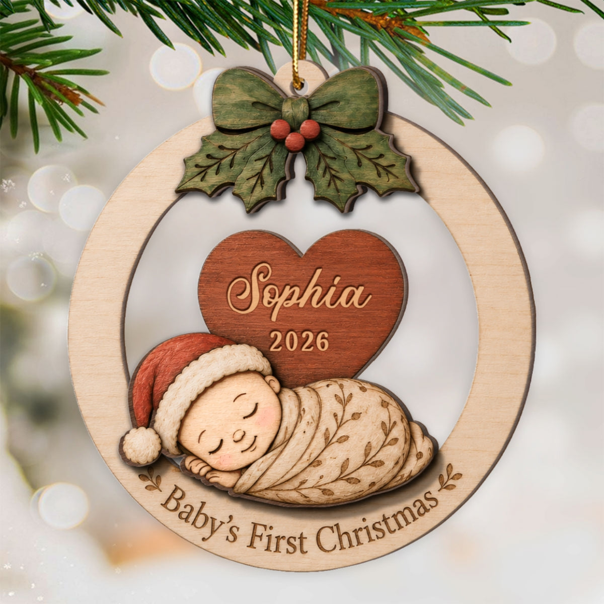 Baby's First Christmas Baby Sleeping - Personalized 2-Layered Wooden Ornament - Baby's 1st Christmas Keepsake