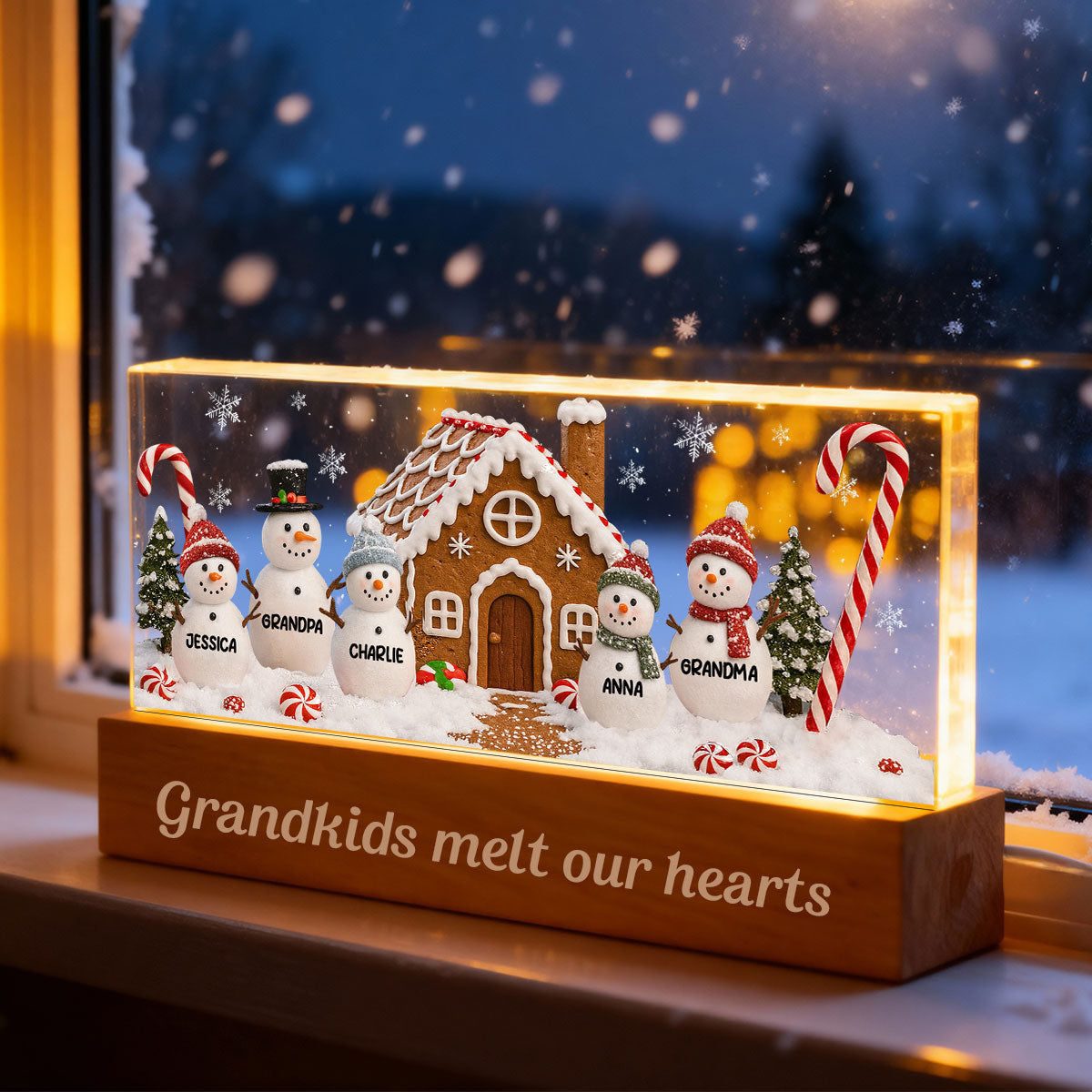 3D Effect Snowman Family Grandparents In Snow - Personalized Acrylic Block LED Night Light - Christmas Decor For Grandma, Family