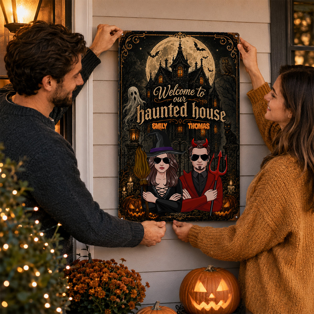 Welcome to Our Haunted House - Personalized Metal Sign - Halloween Decor for Couples