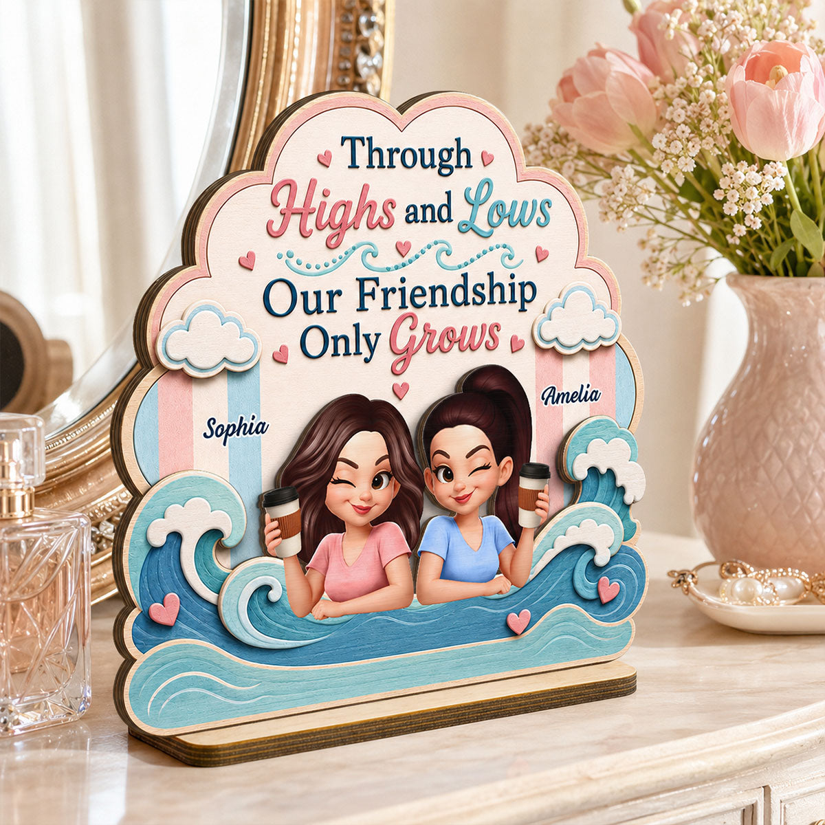 Through Highs and Lows - Personalized 2-Layered Wooden Plaque - Summer Gift For Friends, Besties, Girls