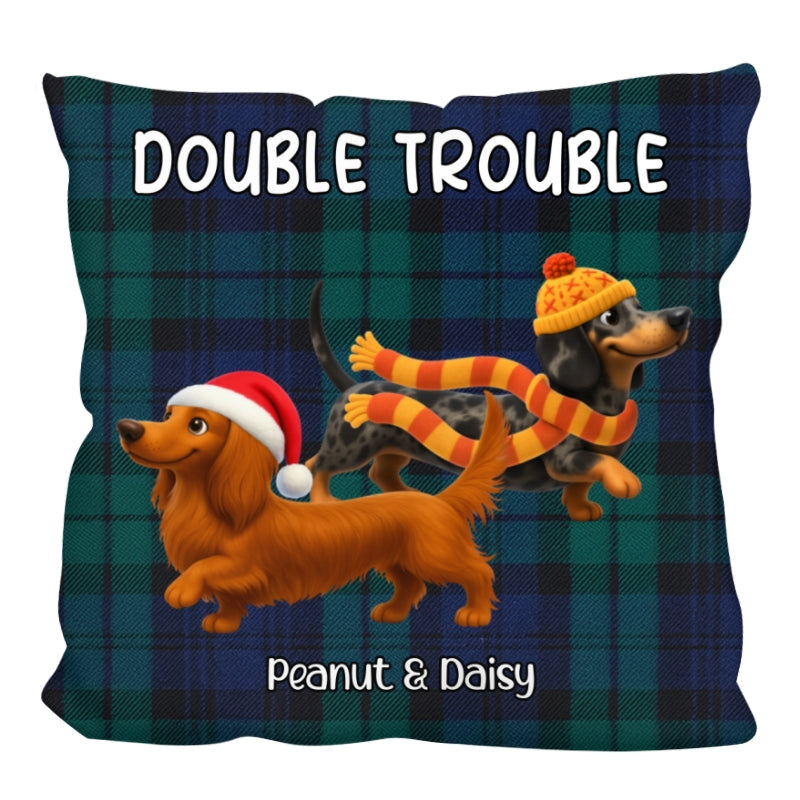 Christmas Dachshunds Double Trouble - Personalized Pillow - Gift For Dachshund Lovers