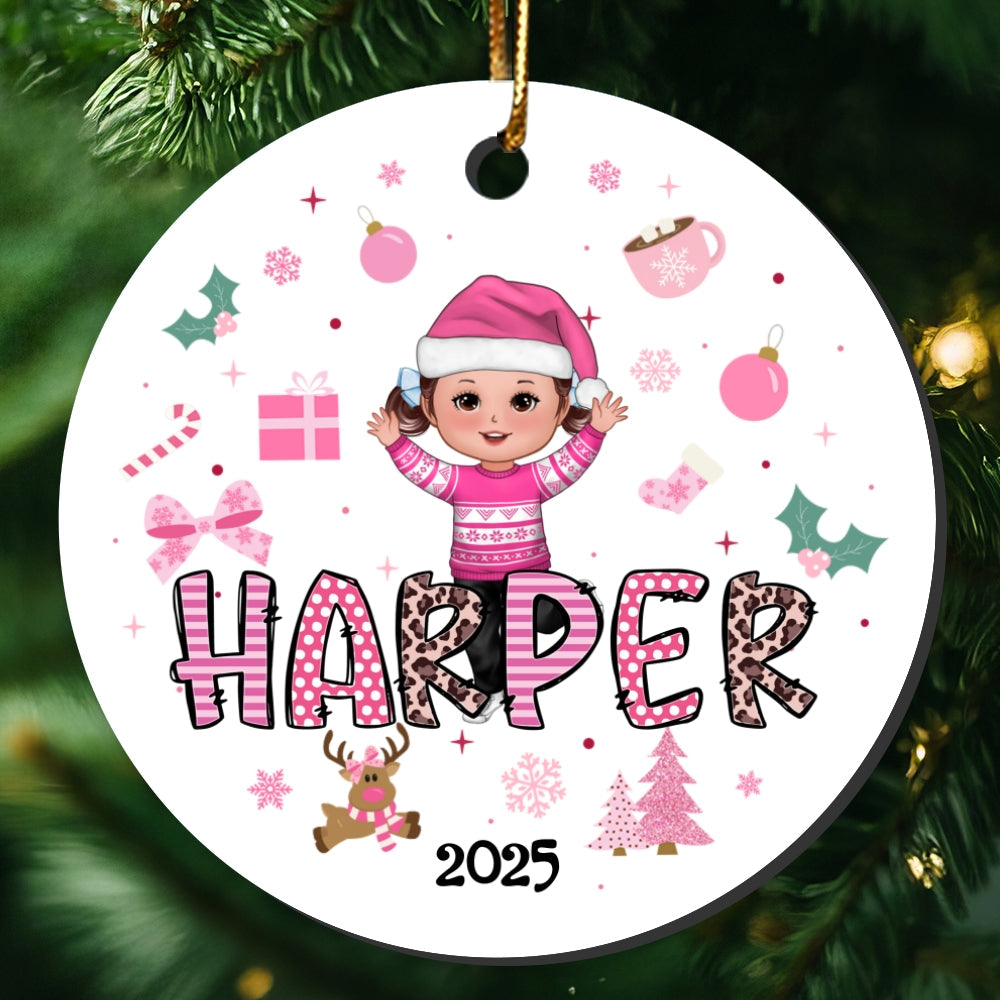 Pink Theme Cute Doll Girl Name Christmas - Personalized Ceramic Ornament - Gift For Daughter, Granddaughter