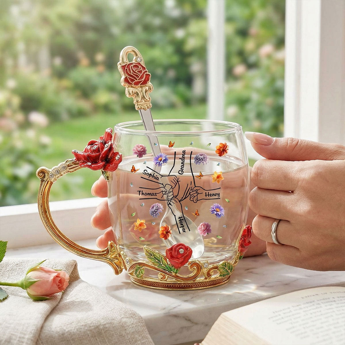 Grandma Mom Holding Kids Hands Birth Month Flowers - Personalized Enamel Flower Tea Cup - Gift For Grandma, Mom