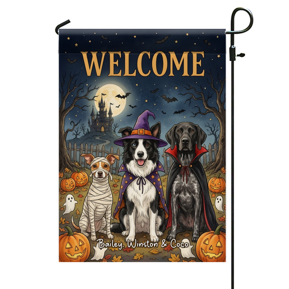 Vintage Dog Cat Halloween Night Photo Upload - Personalized Garden Flag - Halloween Gift For Dog Mom, Cat Mom