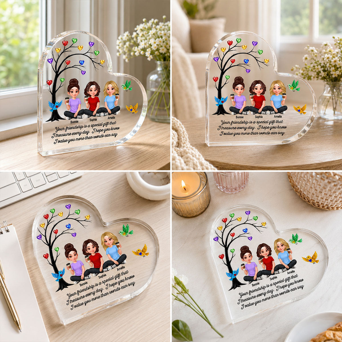 Besties Sisters Colorful Stone Tree - Personalized Heart Acrylic Block - Gift For Besties, Sisters, Best Friends