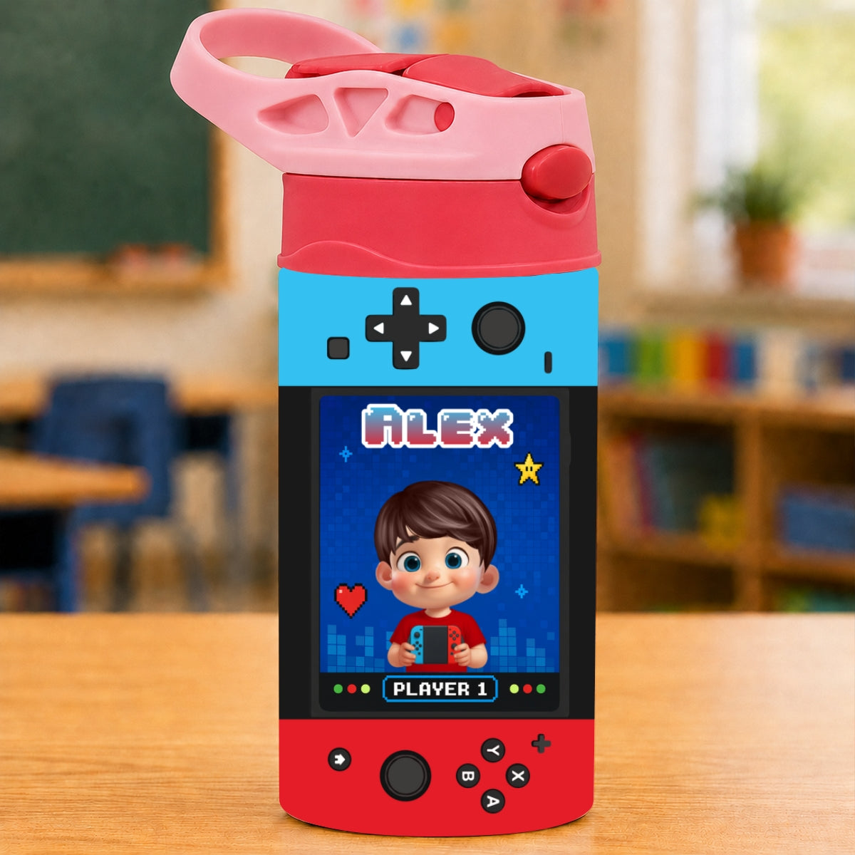 Gaming Controller Theme Cute Gamer Kid - Personalized Kid Insulated Water Bottle - Stainless Steel Toddler Cups with Straws, BPA Free, Leak-Proof