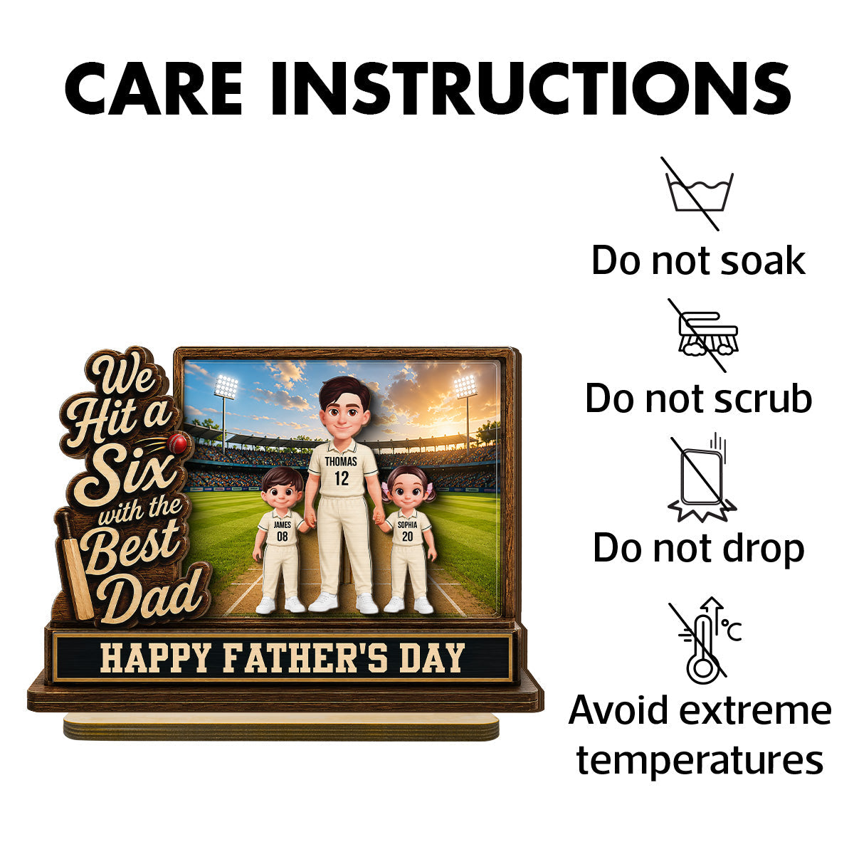 Hit A Six With The Best Dad Cricket Dad & Kids On Field 2D Flat - Personalised 2-Layered Wooden Plaque - Gift For Husband, Dad