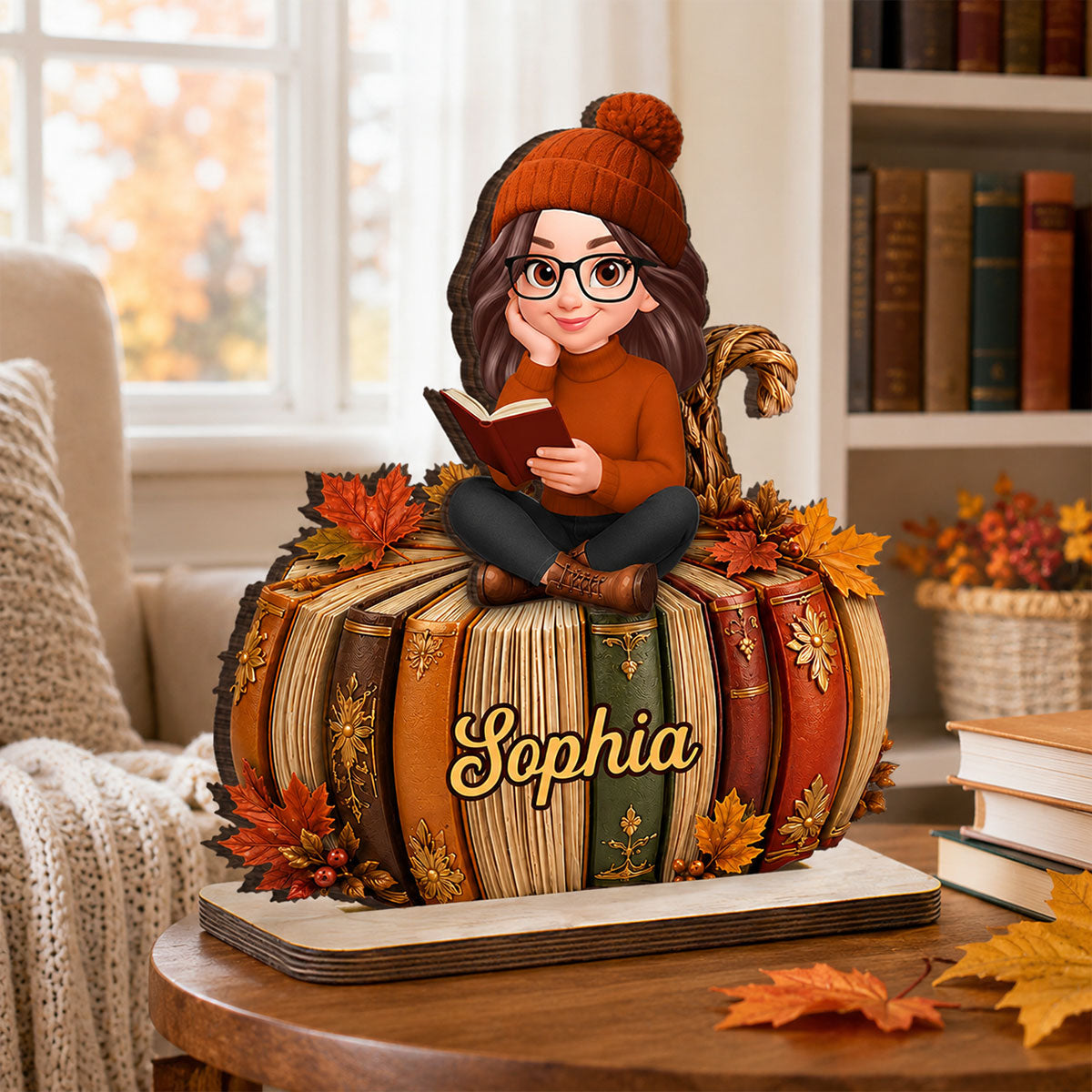 Fall Season Pumpkin Books - Personalized 2-Layered Wooden Plaque - Fall Gift For Book Lovers, Girl, Daughters