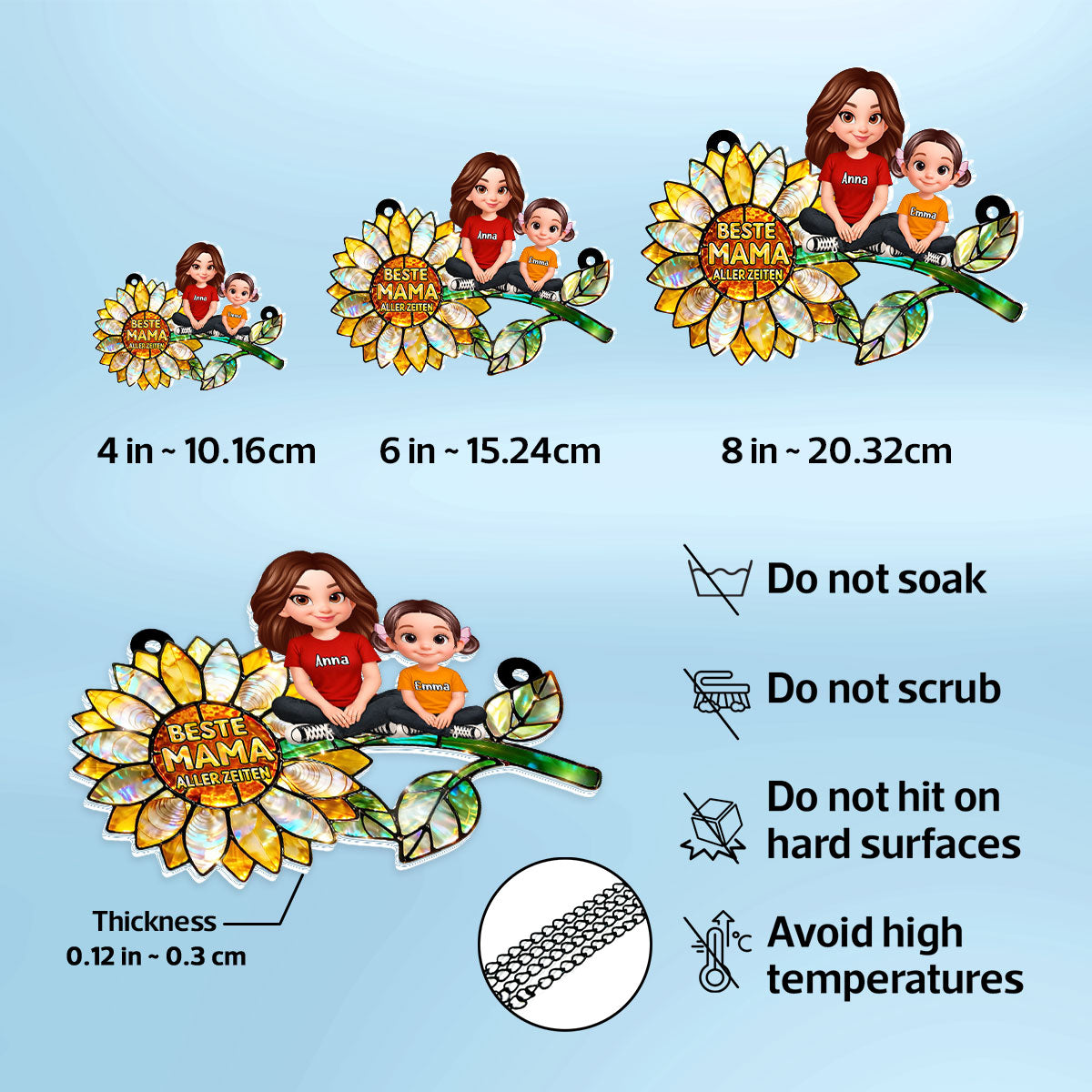 Sonnenblumen-Mama mit Kindern – Personalisierter Suncatcher fürs Fenster – Liebevolles Muttertagsgeschenk für Mama oder Ehefrau