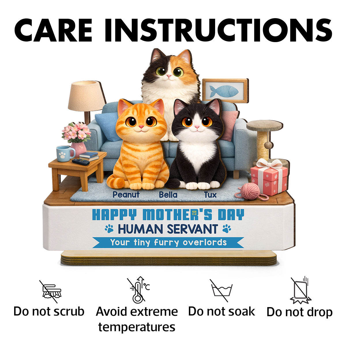 Cat Mom Cute Fluffy Cats Happy Mother's Day Human Servant - Personalized 2-Layered Wooden Plaque - Funny Mother's Day Gift For Cat Mom