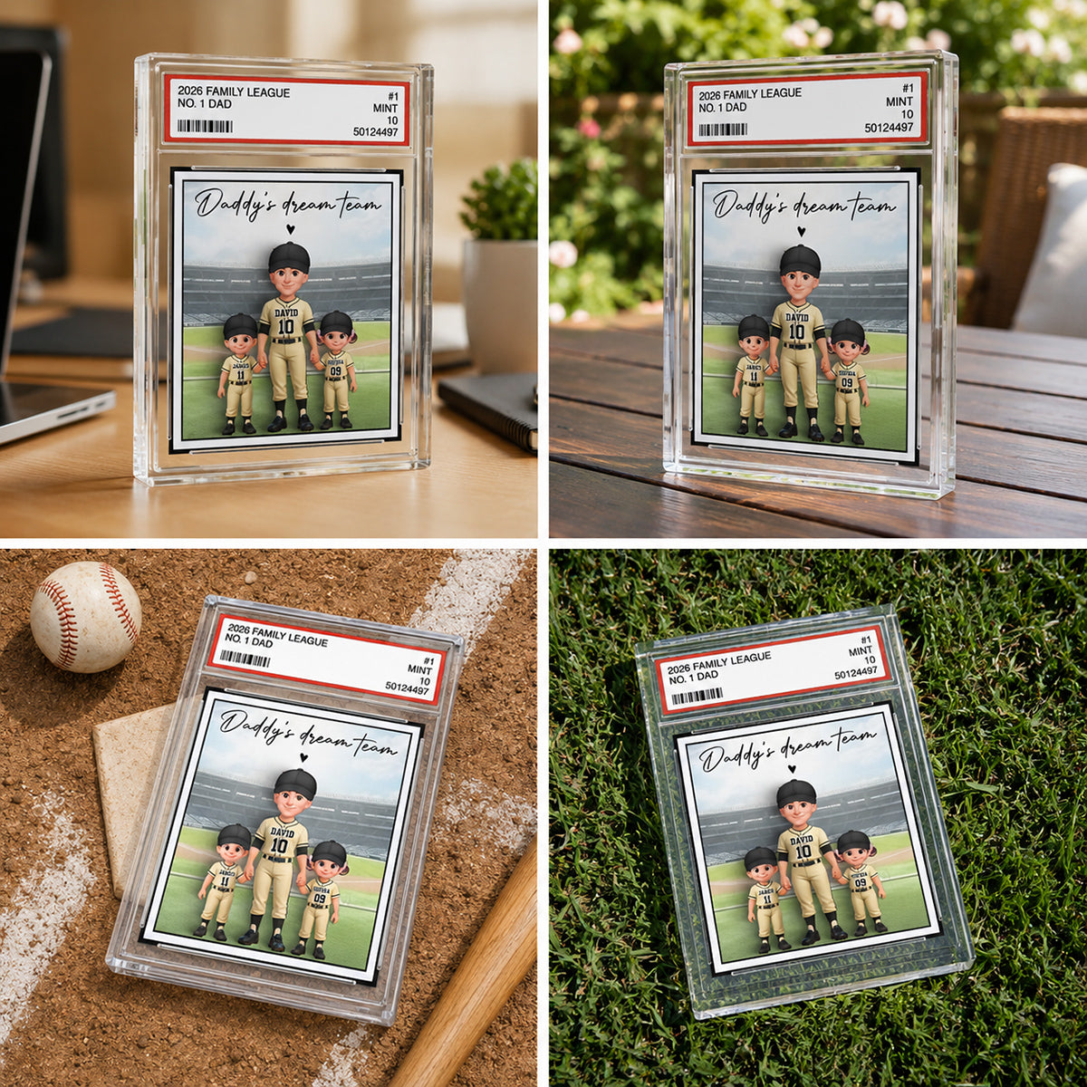 Baseball No. 1 Dad Man & Kids Standing On Court Trading Card Style - Personalized Acrylic Block Plaque - Gift For Baseball Dad