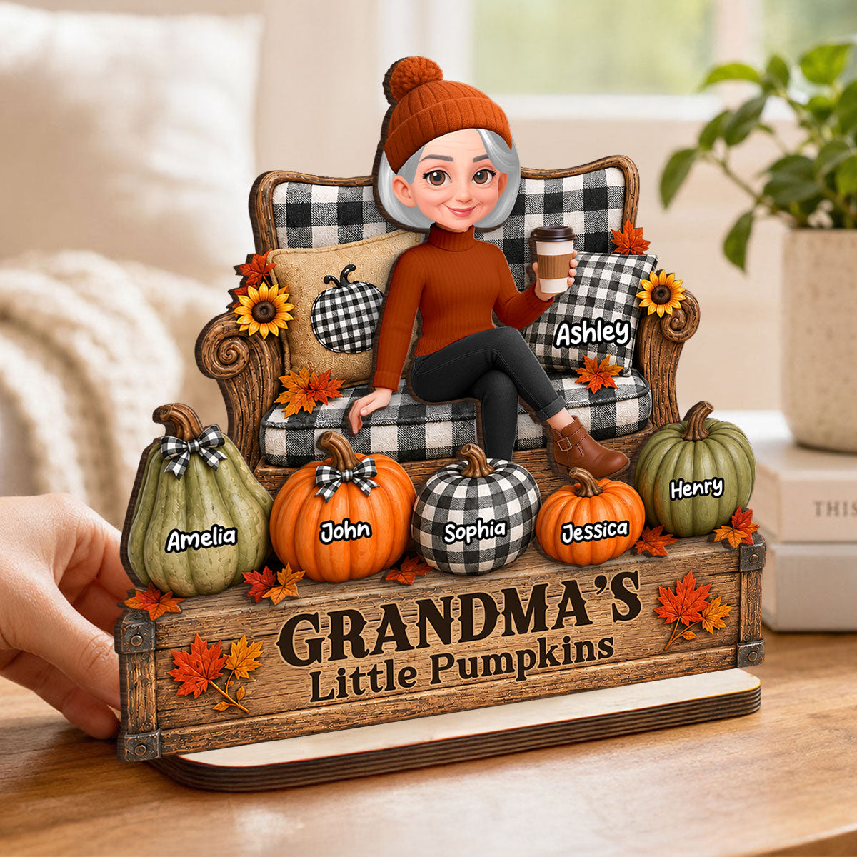 Fall Season Cozy Grandma's Little Pumpkins - Personalized 2-Layered Wooden Plaque - Fall Decor For Grandma