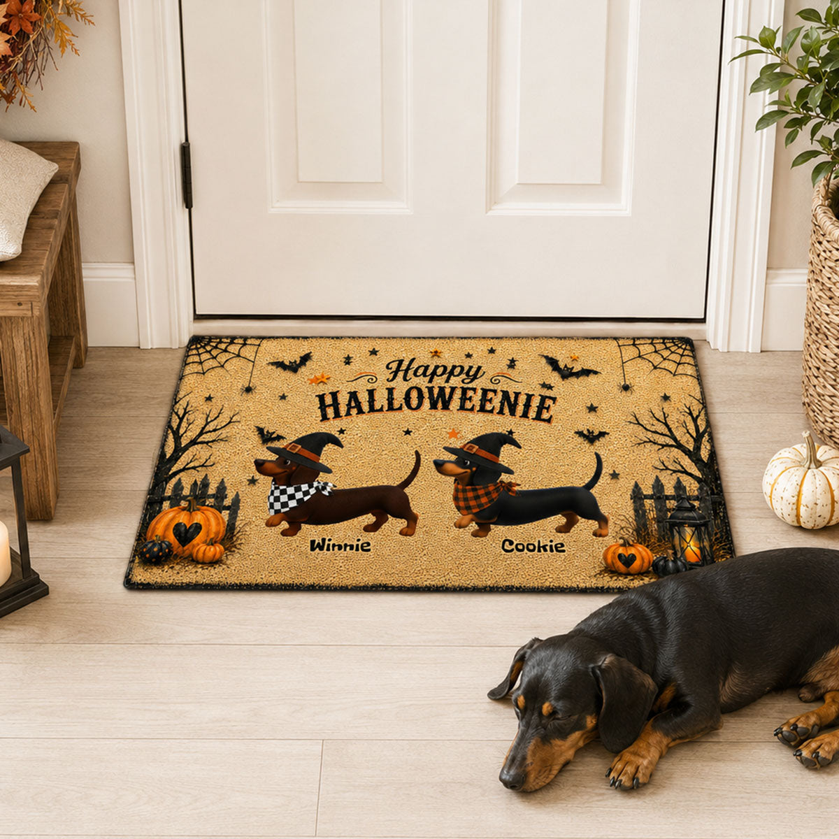 Halloween Dachshund Happy Halloweenie - Personalized Doormat - Halloween Decorations For Dachshund Lovers