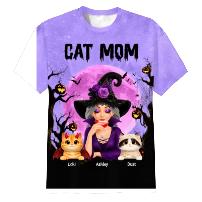 Halloween Theme Spooky Cat Mom Witch - Personalized Shirt - Halloween Gift For Cat Lovers