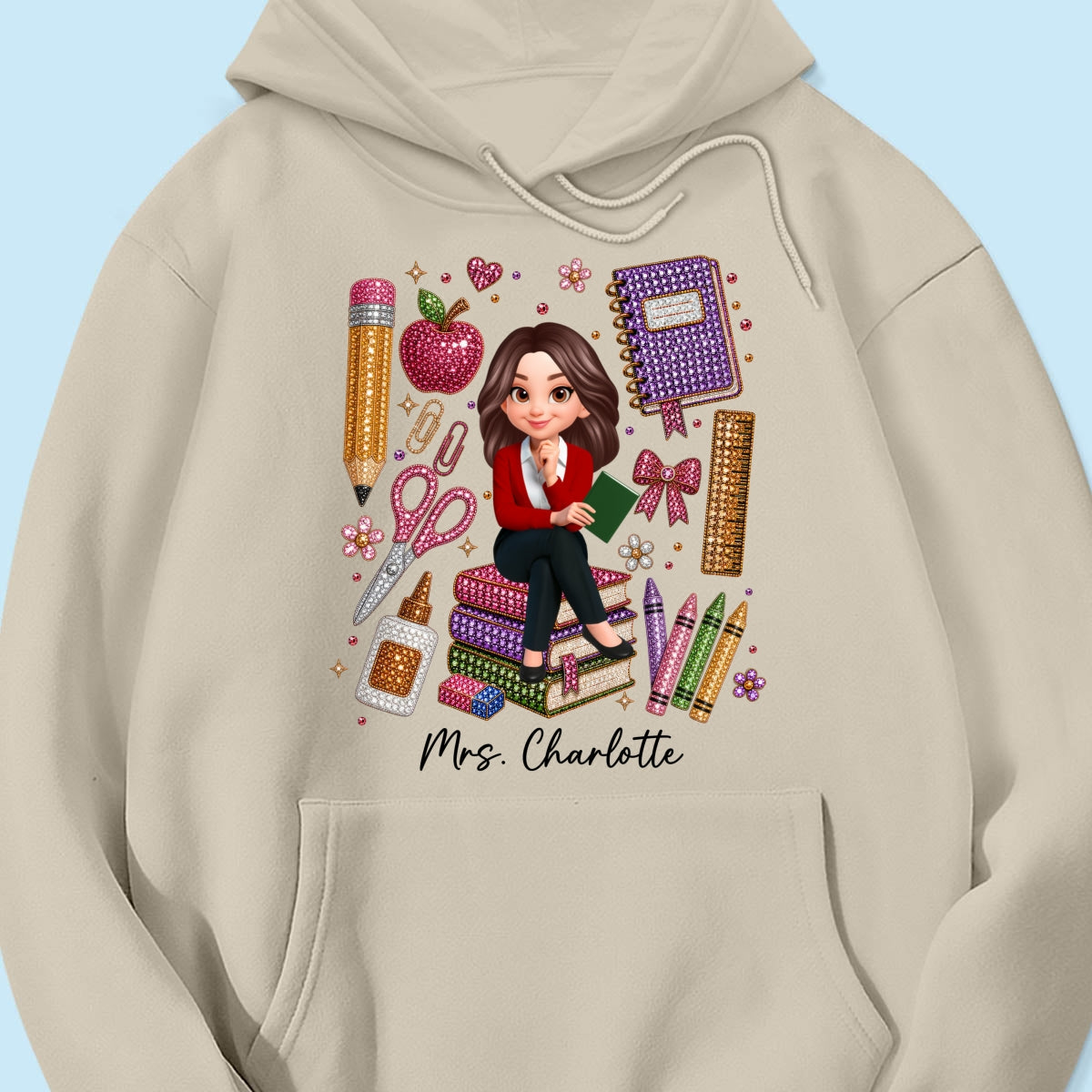 Teacher Sitting With School Supplies Faux Rhinestone – Personalized Shirt – Back To School Gift For Teacher