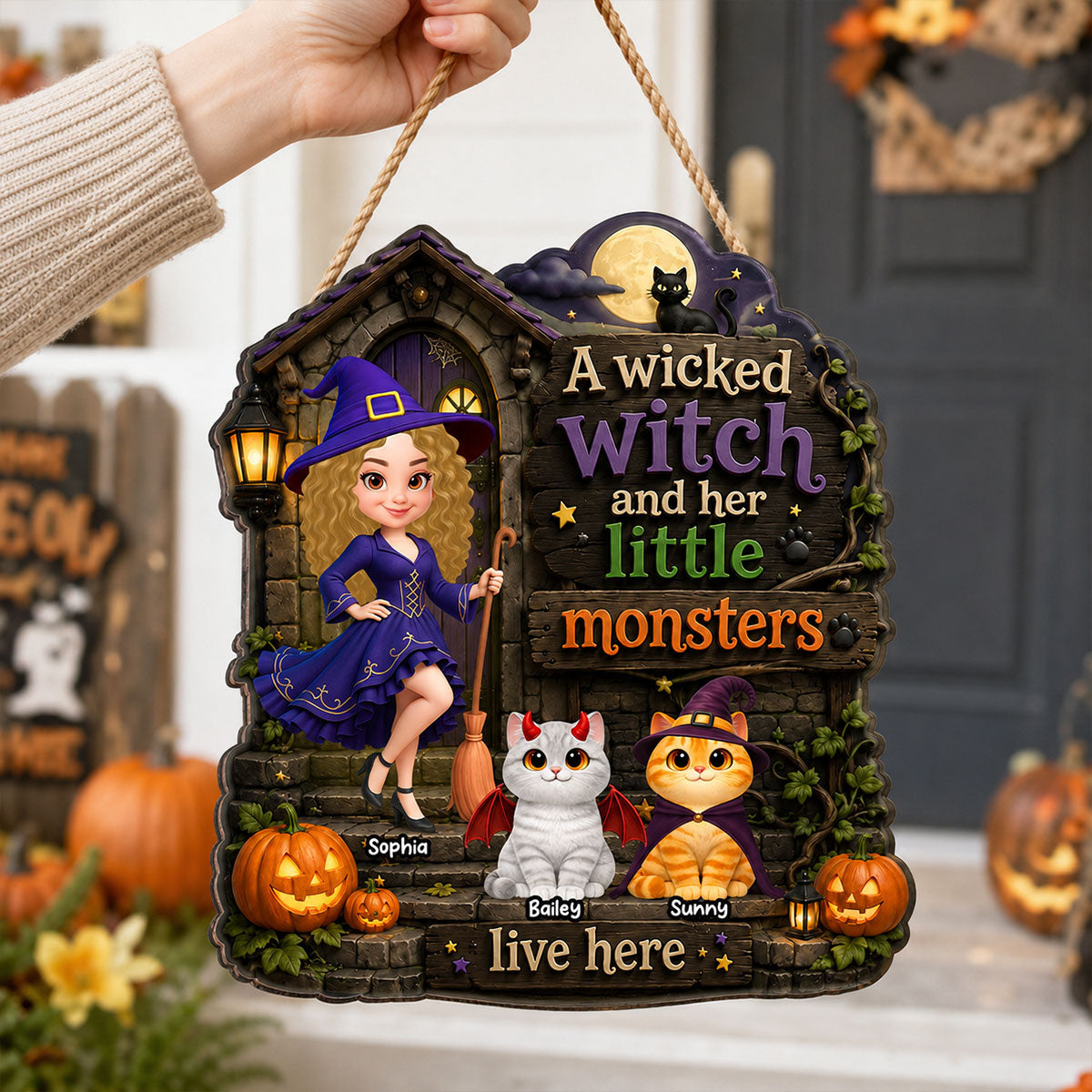 Mysterious Wicked Witch And Little Monsters Cats - Personalized Wood Sign - Halloween Gift For Cat Lovers, Halloween Decor