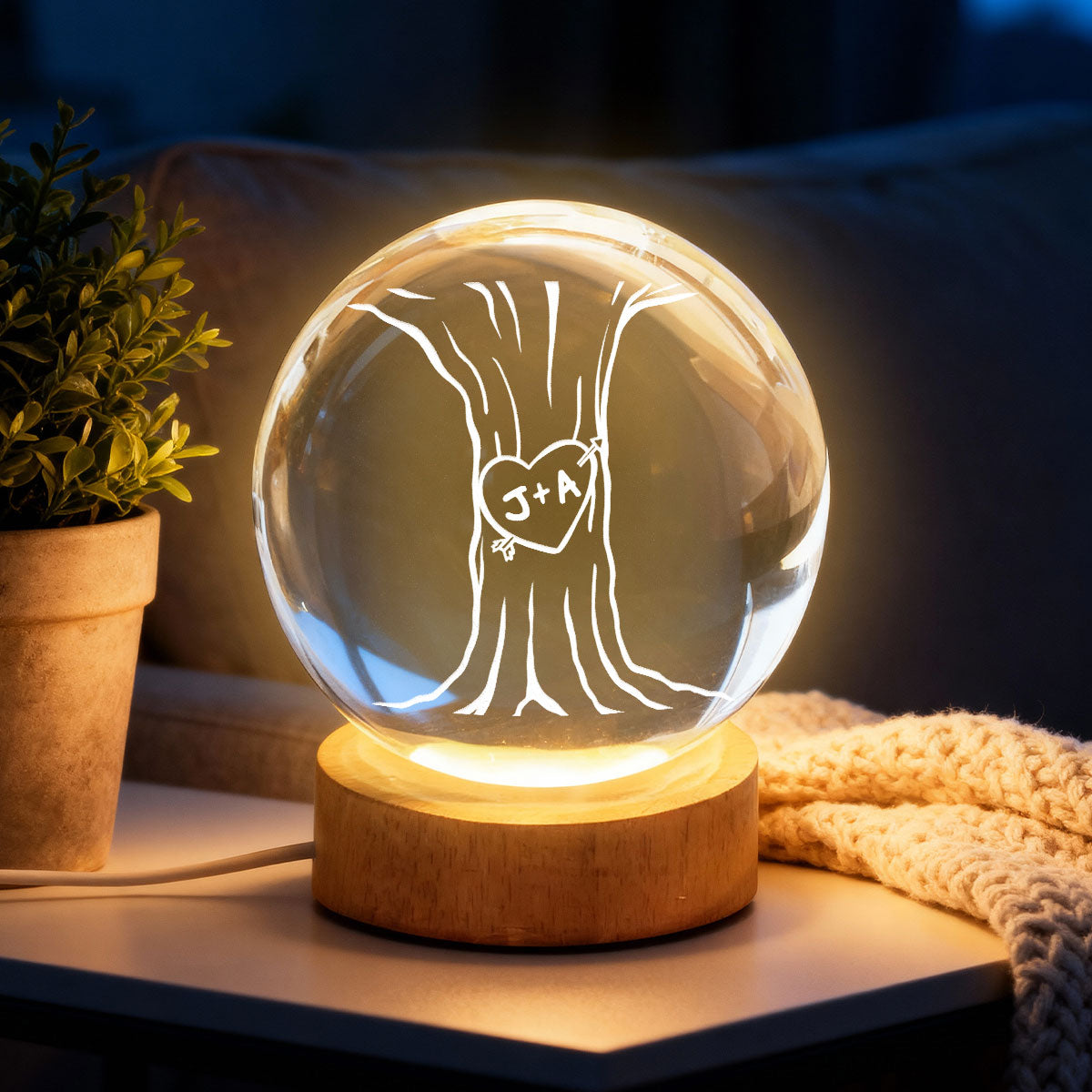 Eternal Love Couple Initial Names Heart Carved Tree - Personalized Crystal Ball LED Night Light - Valentine's Day Gift For Couple