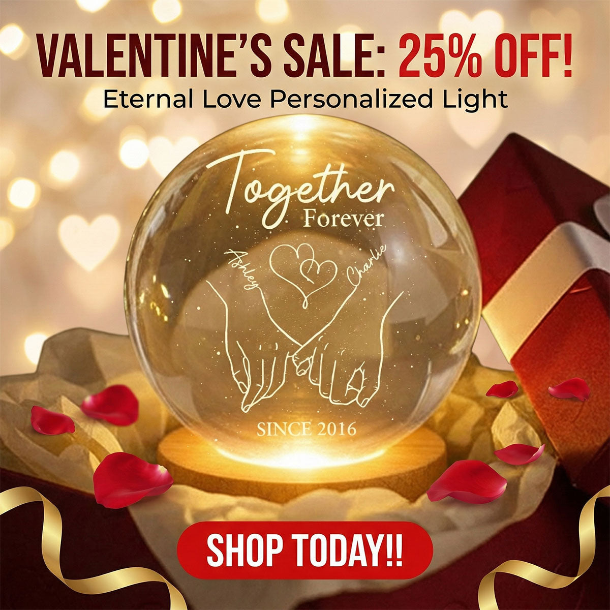 Eternal Love Couple Holding Hands - Personalized Crystal Ball LED Night Light - Valentine's Day Gift For Couple