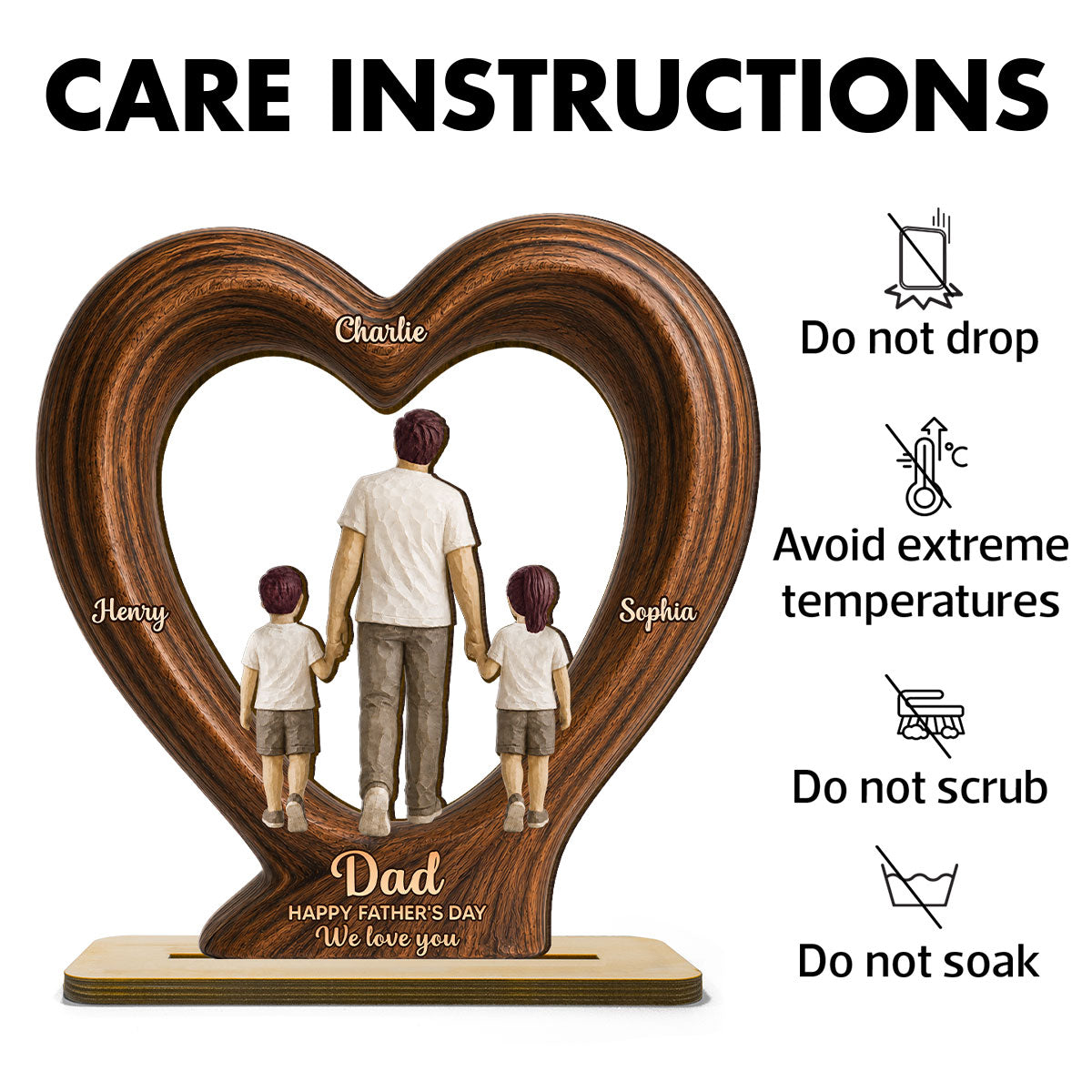 Sentimental Rustic Dad And Kids Walking In Heart 2D Flat - Personalized 2-Layered Wooden Plaque - Gift For Dad, Husband