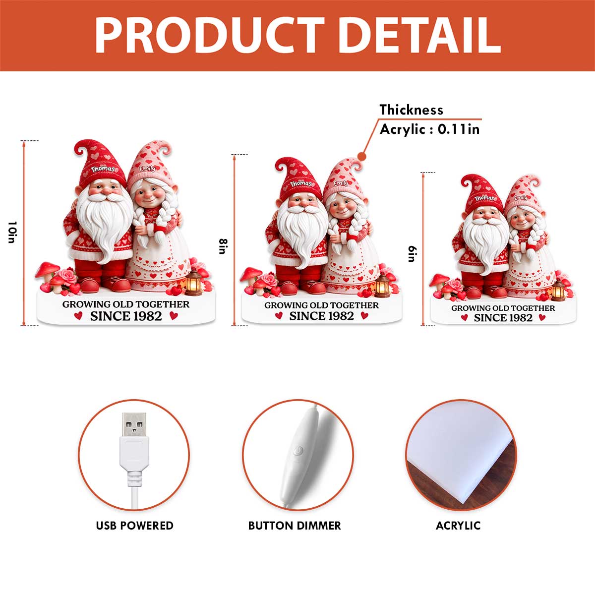 Eternal Love Nostalgia Valentine Gnome Couple Growing Old Together - Personalized Light Box - Heartfelt Valentine's Day Gift, Anniversary Gift For Couple, For Him, For Her