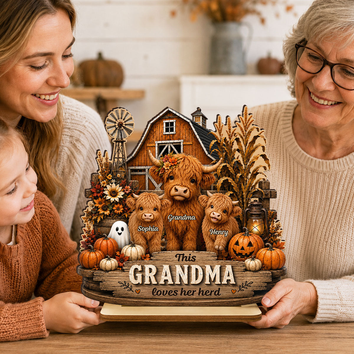 This Grandma Loves Her Herd - Personalized 2-Layered Wooden Plaque - Rustic Farmhouse Fall Decor for Grandma