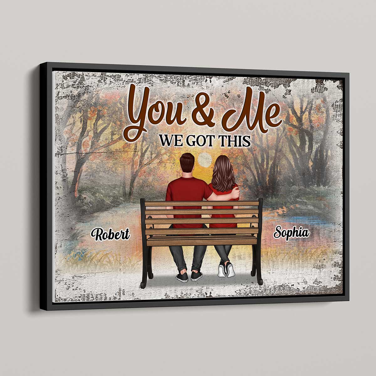 Couple Sitting On Bench Sunset Forest Personalized Horizontal Poster