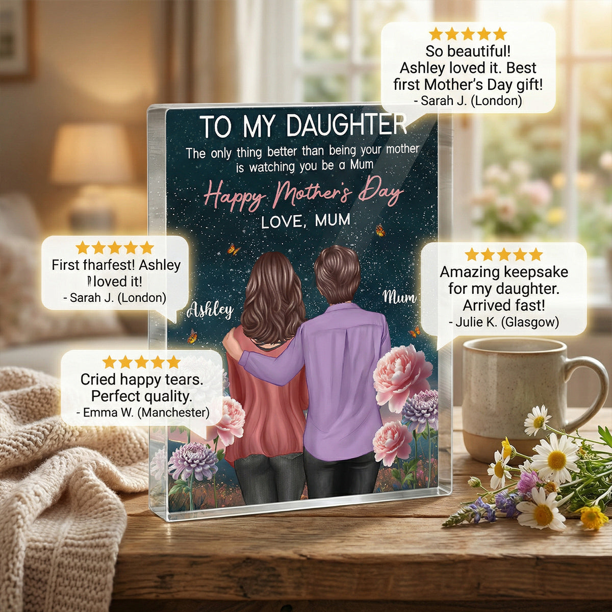 To My Daughter From Mum Birth Month Flower Beautiful Hill At Night - Personalised Acrylic Block Plaque - Gift For Mom