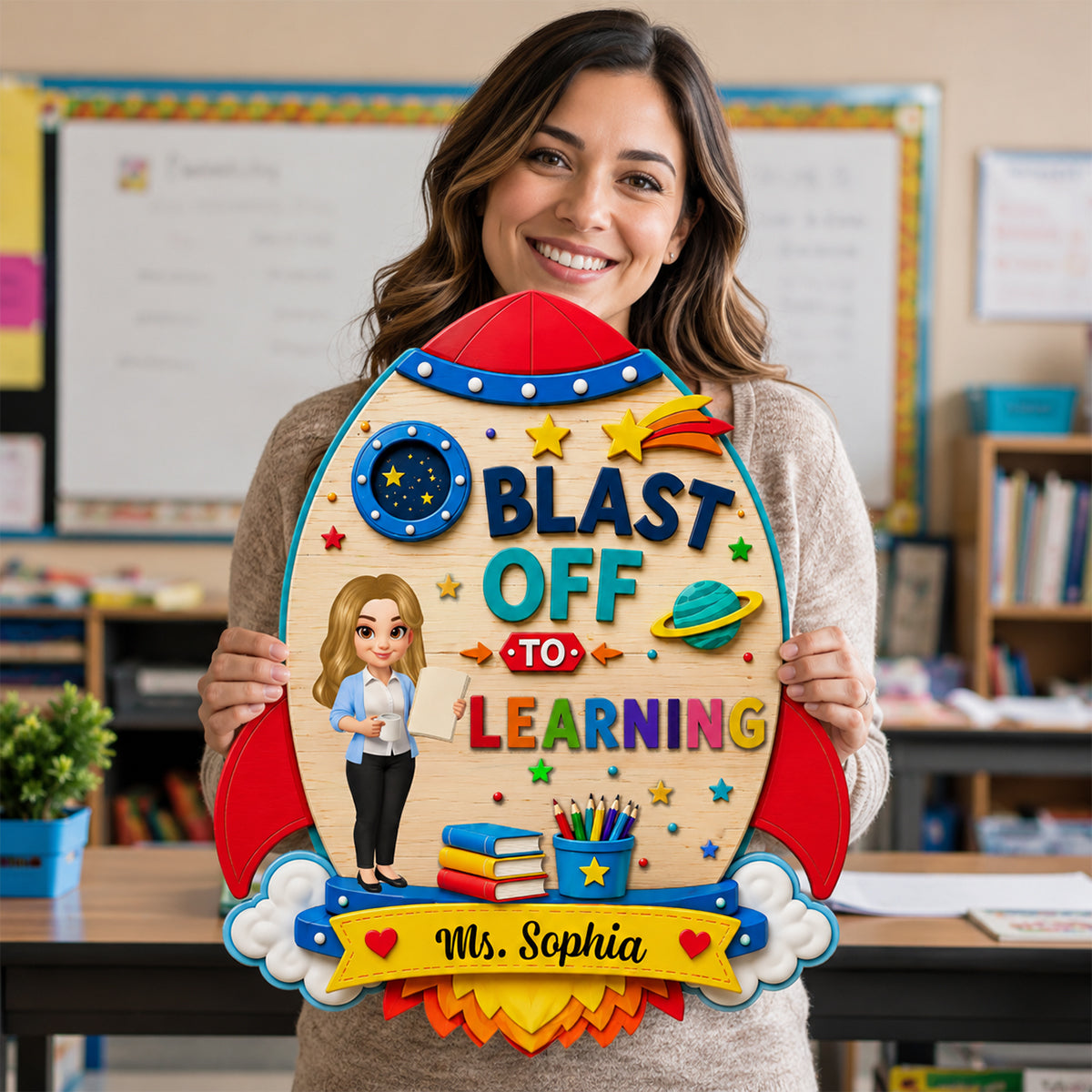 Blast Off To Learning Teacher - Personalized Wood Sign - Back To School Gift For Teacher, Classroom Decor