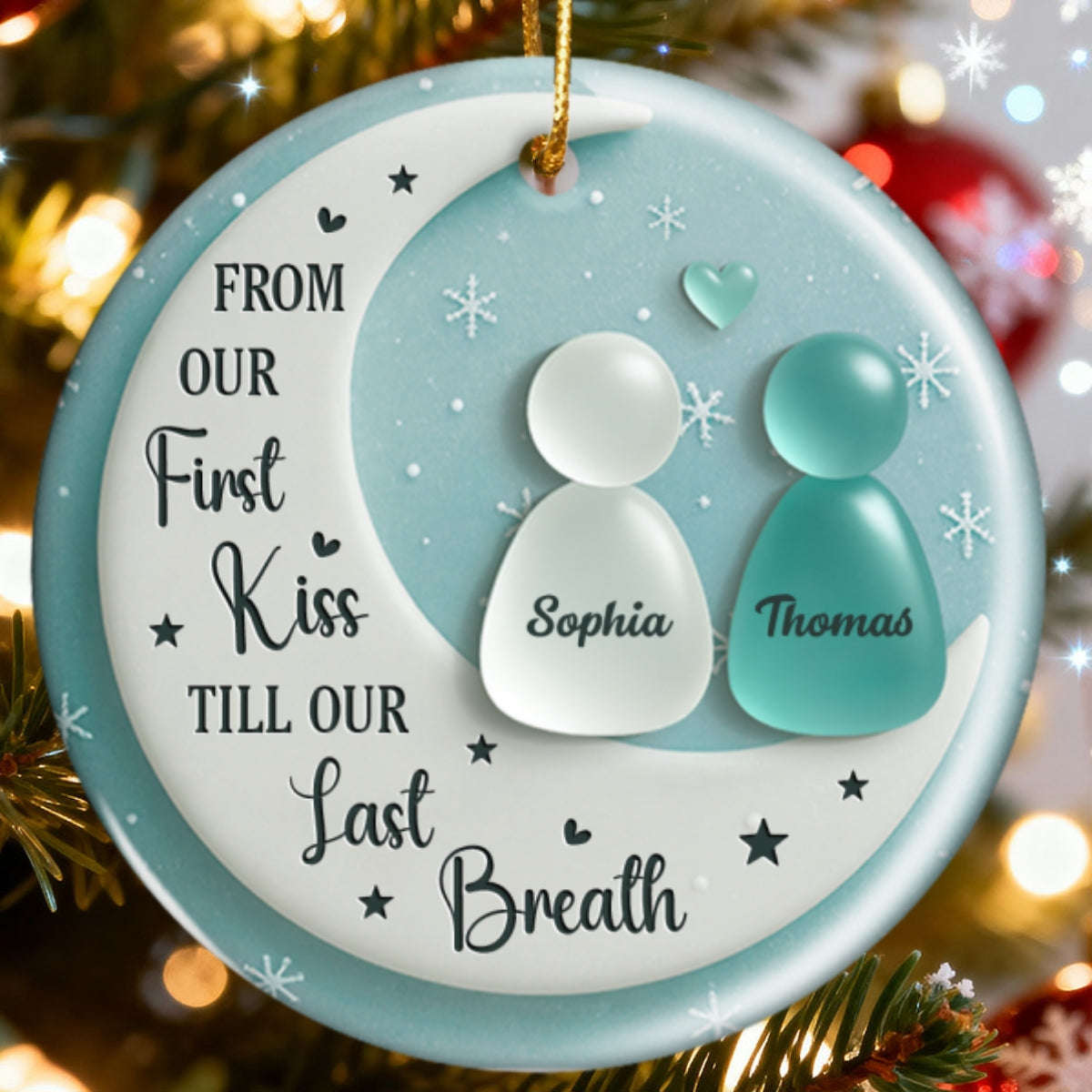 3D Sea Glass Effect Couple On Moon - Personalized Ceramic Ornament With Acrylic Pieces