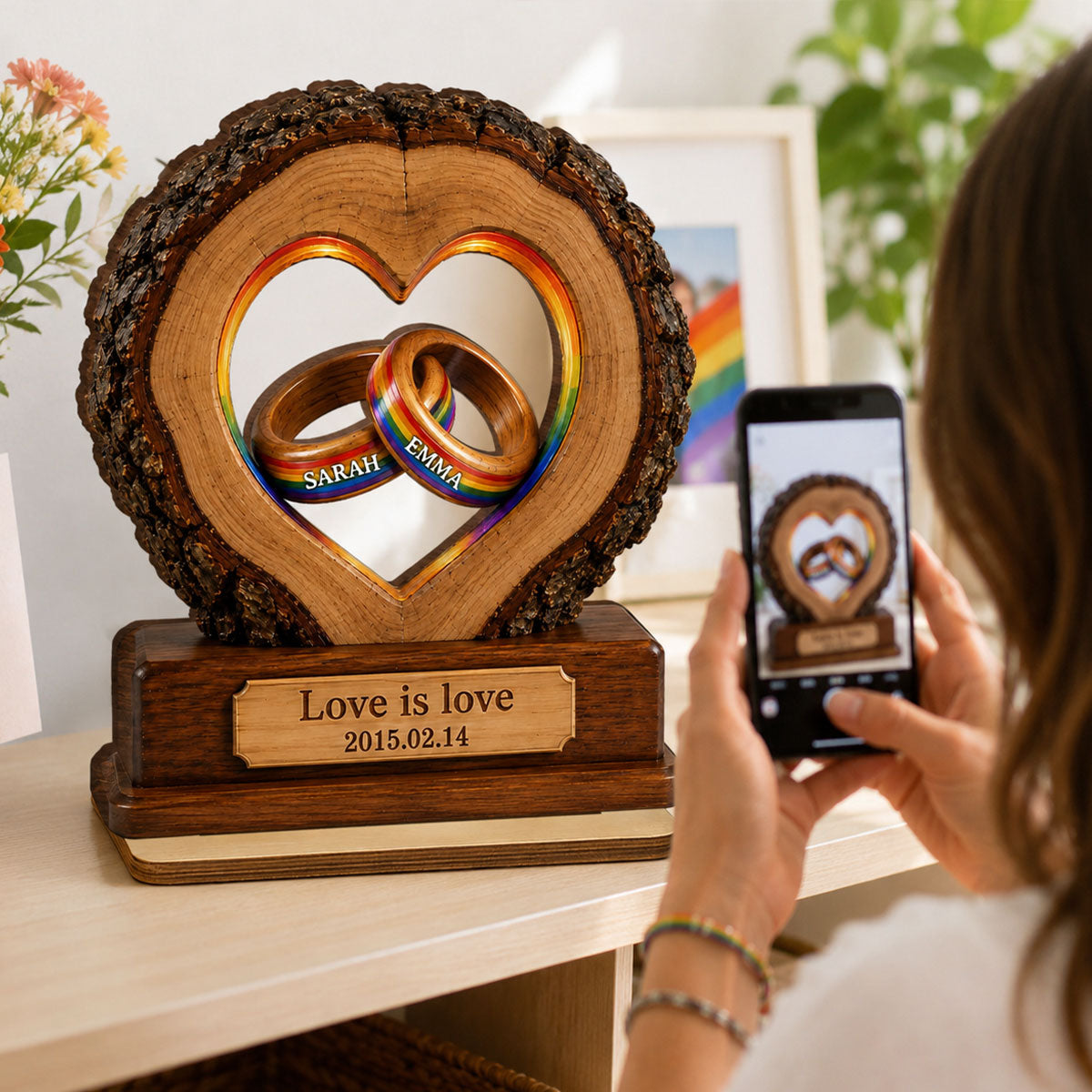 Love is Love LGBTQ+ Couple Anniversary - Personalized 2-Layered Wooden Plaque - Heartfelt Gift for Her, for Him